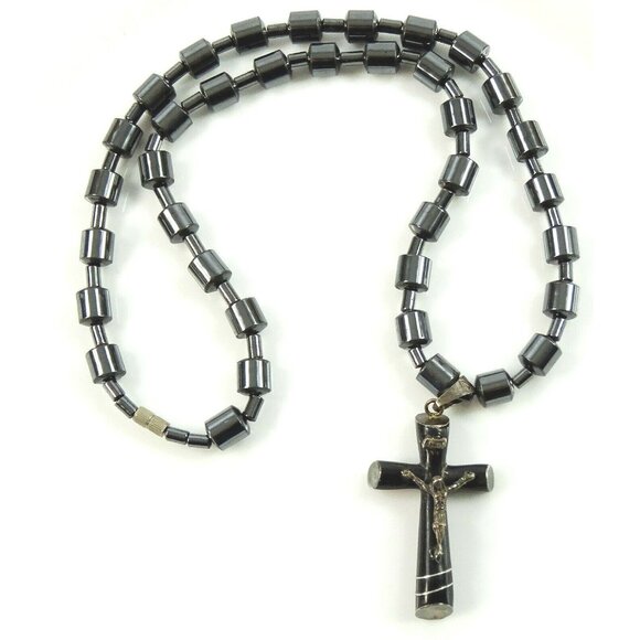 Religious Necklace Hematite Gray Beads Black Crucifix Cross Christian Catholic - Picture 1 of 5
